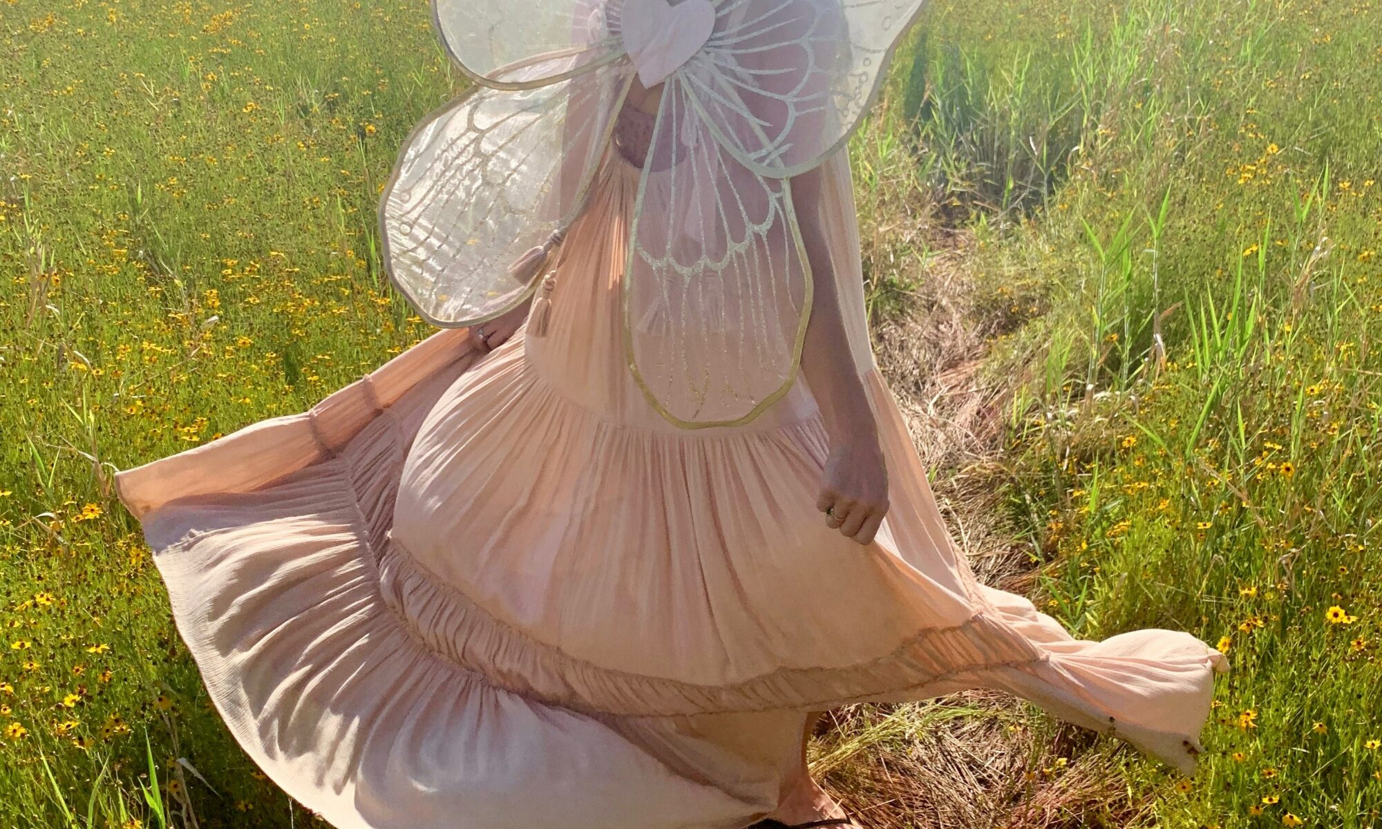 woman in fairy costume standing on green field